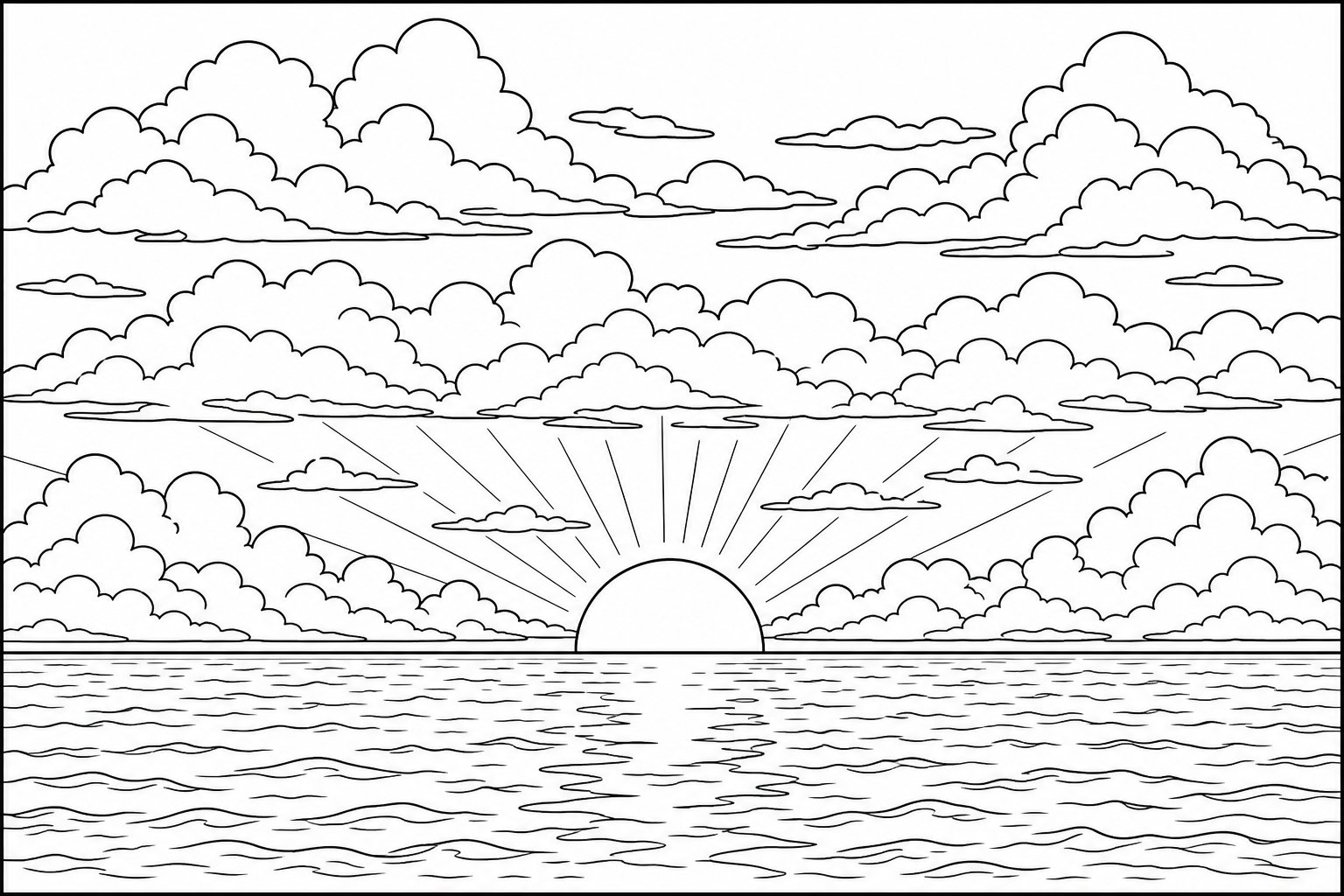 A horizon at sunset with three stacked layers of clouds, sun half visible, no human figures