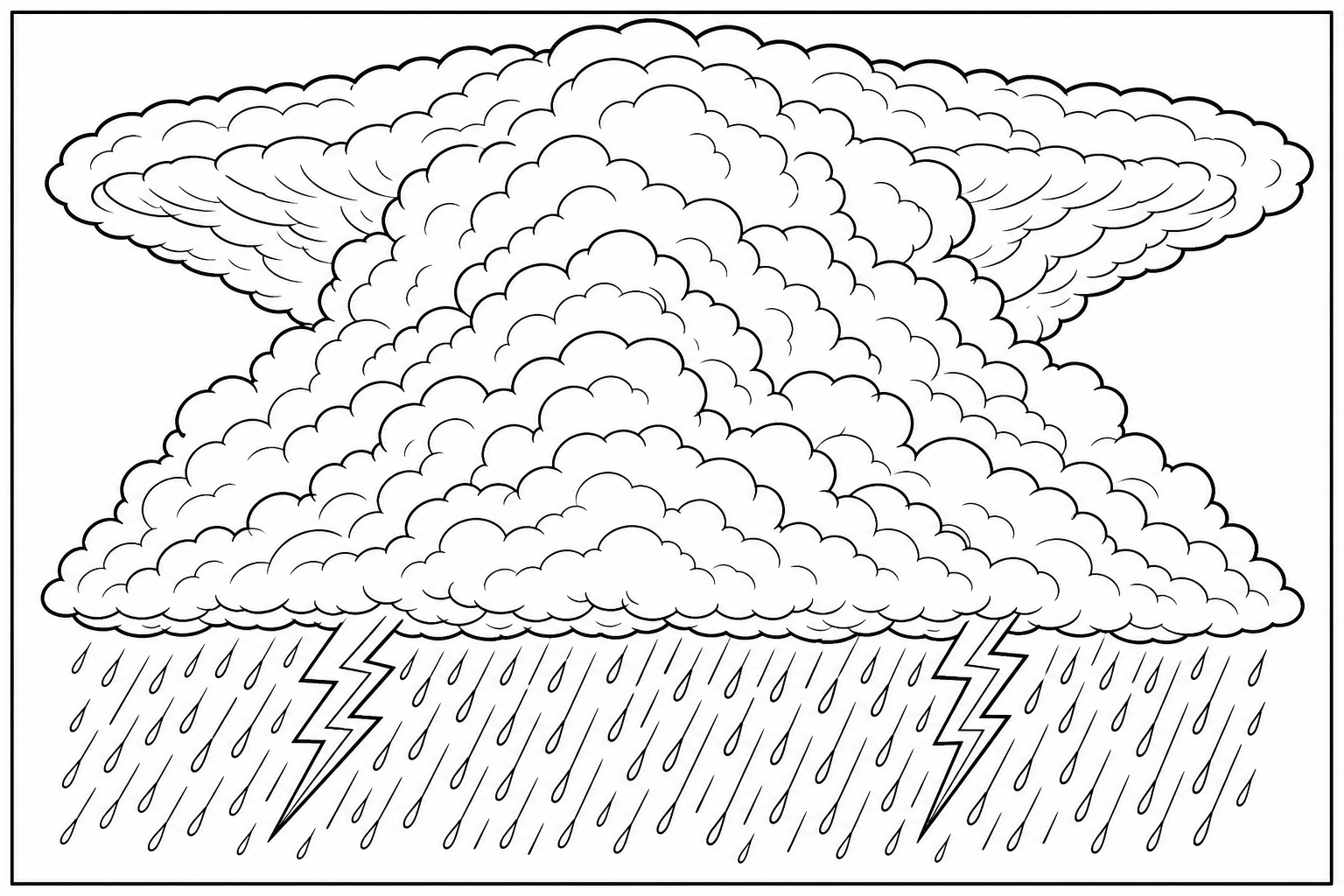 A layered cumulonimbus storm cloud with two zigzag lightning bolts and falling rain texture