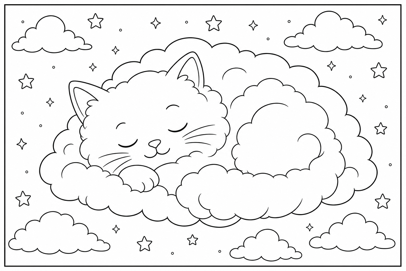A cloud shaped like a sleeping cat, curled up, floating in a calm sky with a few stars