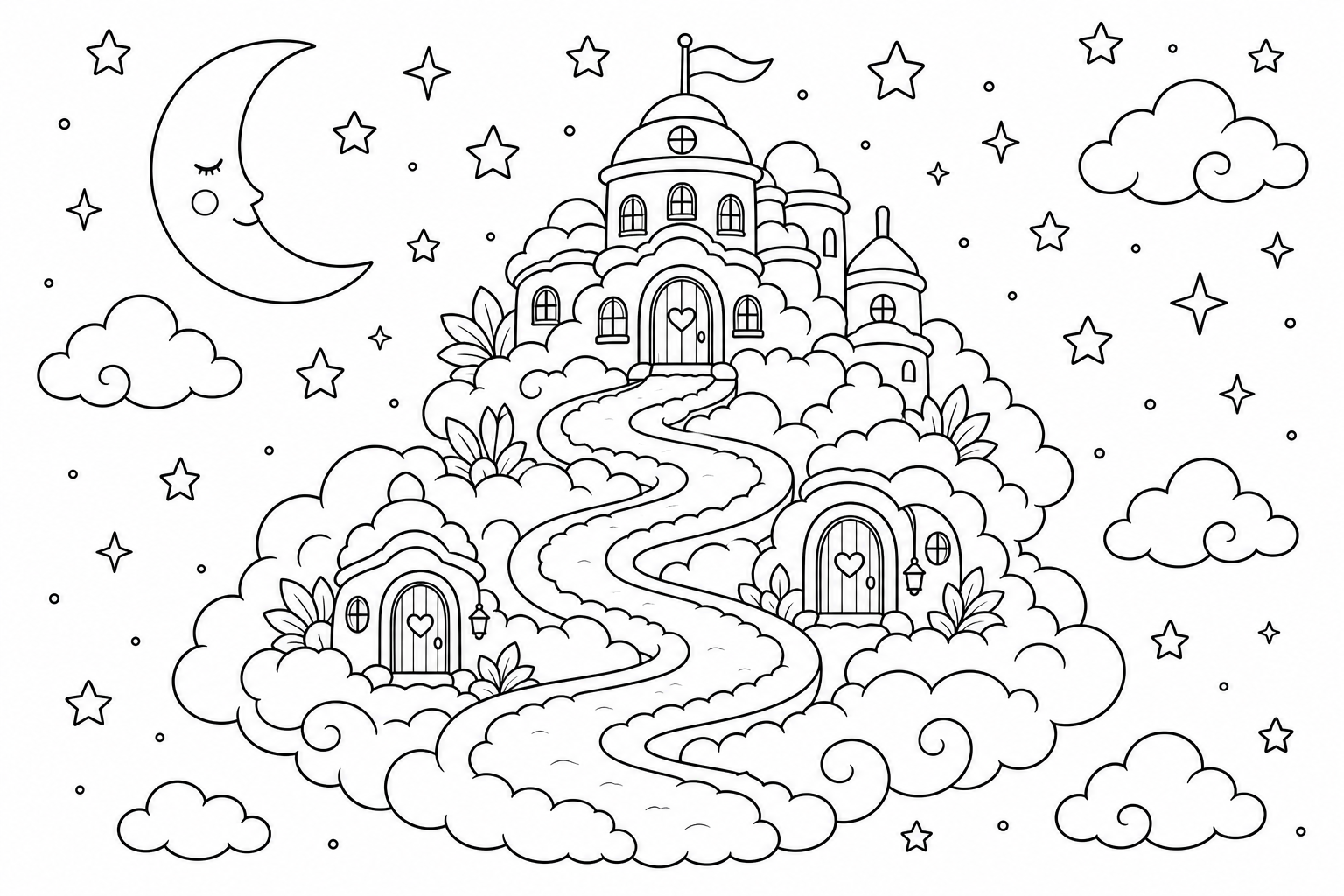 A small cloud city with three tiny doors and a winding cloud-road, stars and a moon nearby