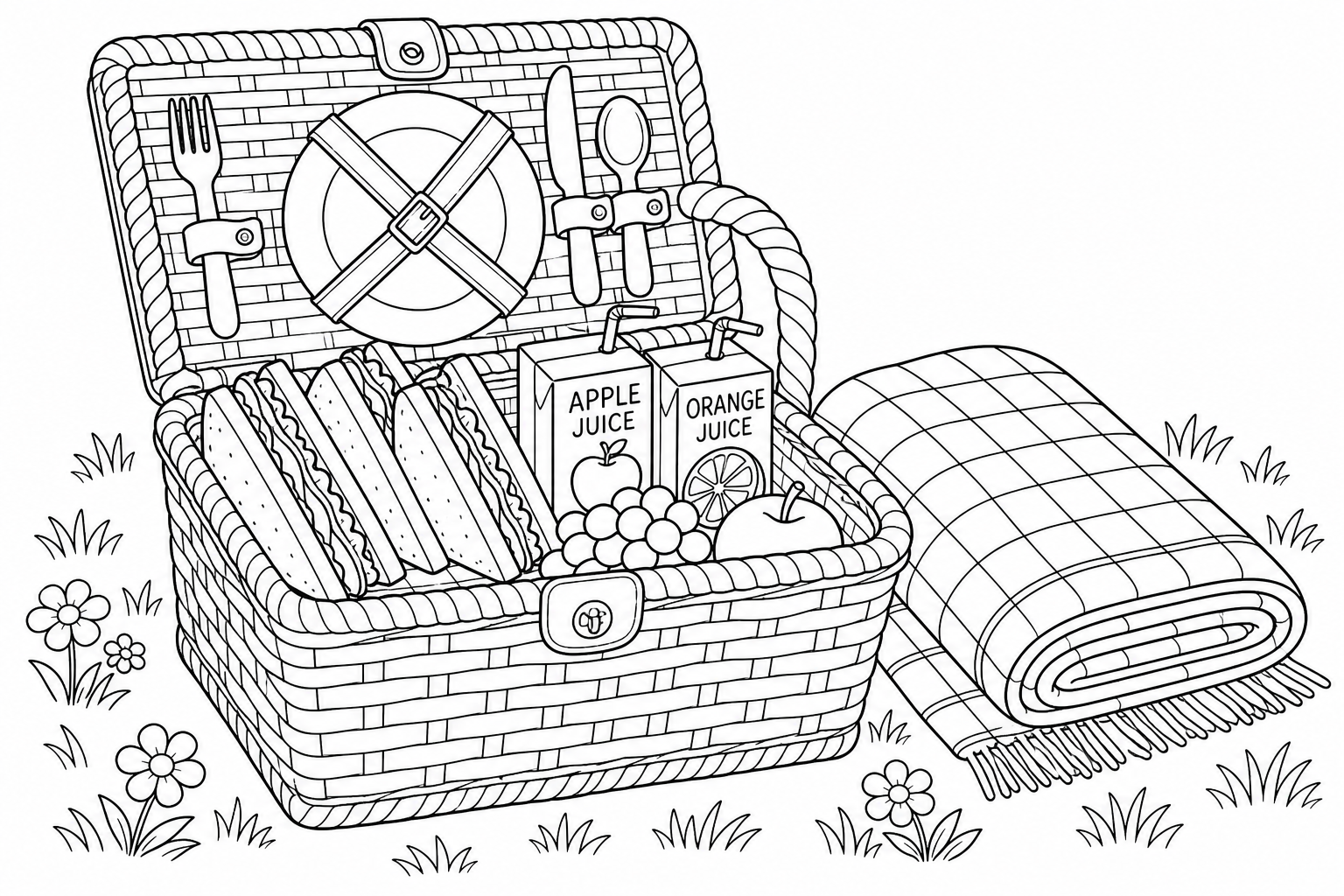 a packed picnic basket with sandwiches, juice boxes, and a checkered blanket beside it on grass