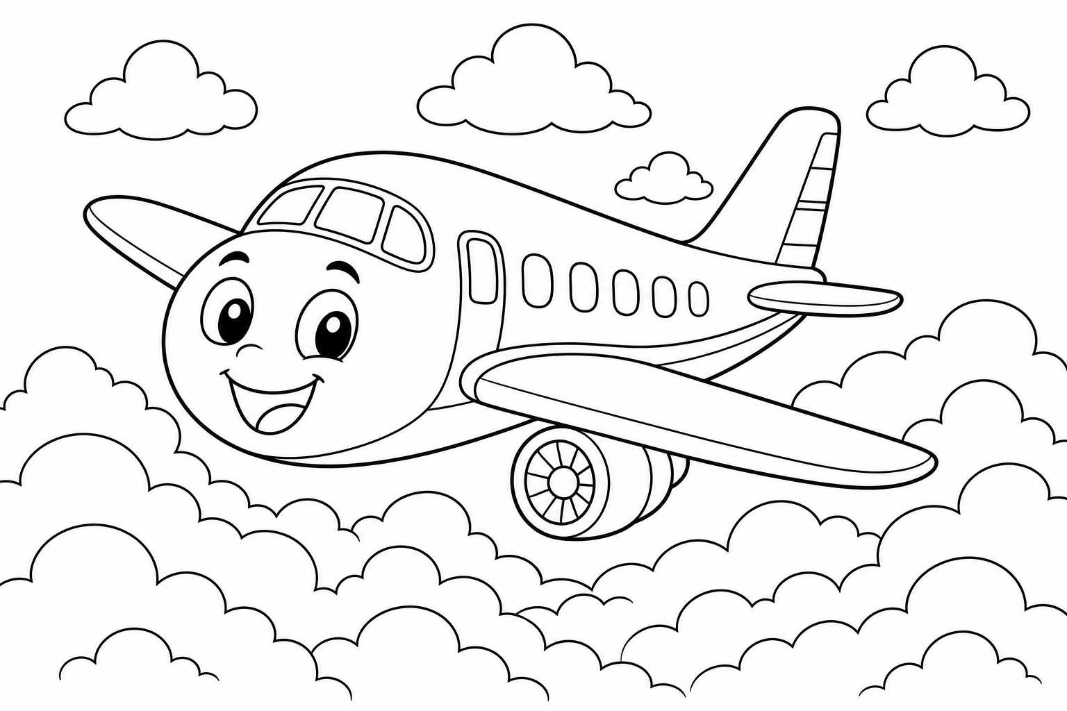 a friendly cartoon airplane with a happy face flying above puffy clouds