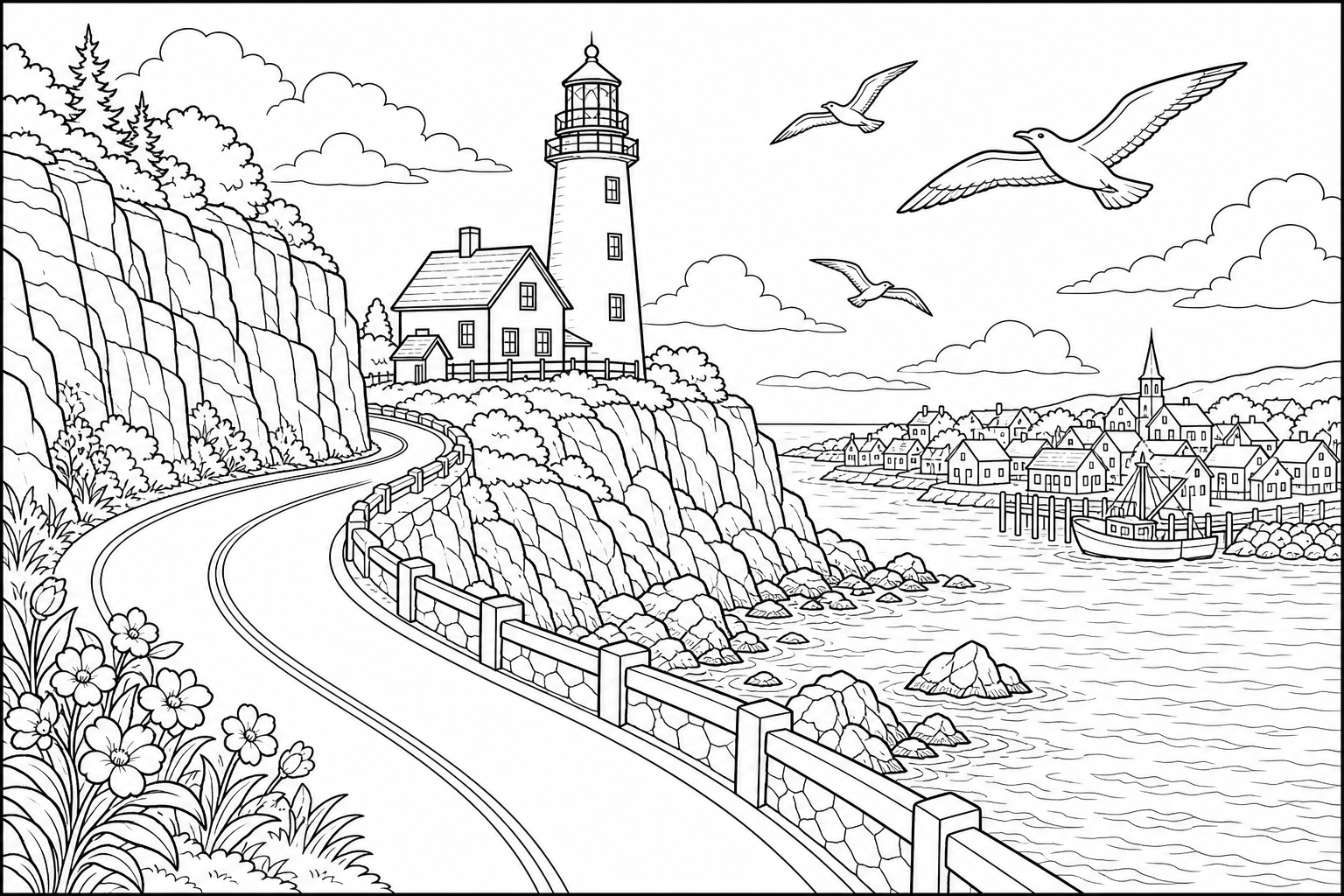 a coastal road winding past tall cliffs and a lighthouse, with seagulls overhead and a fishing village in the distance