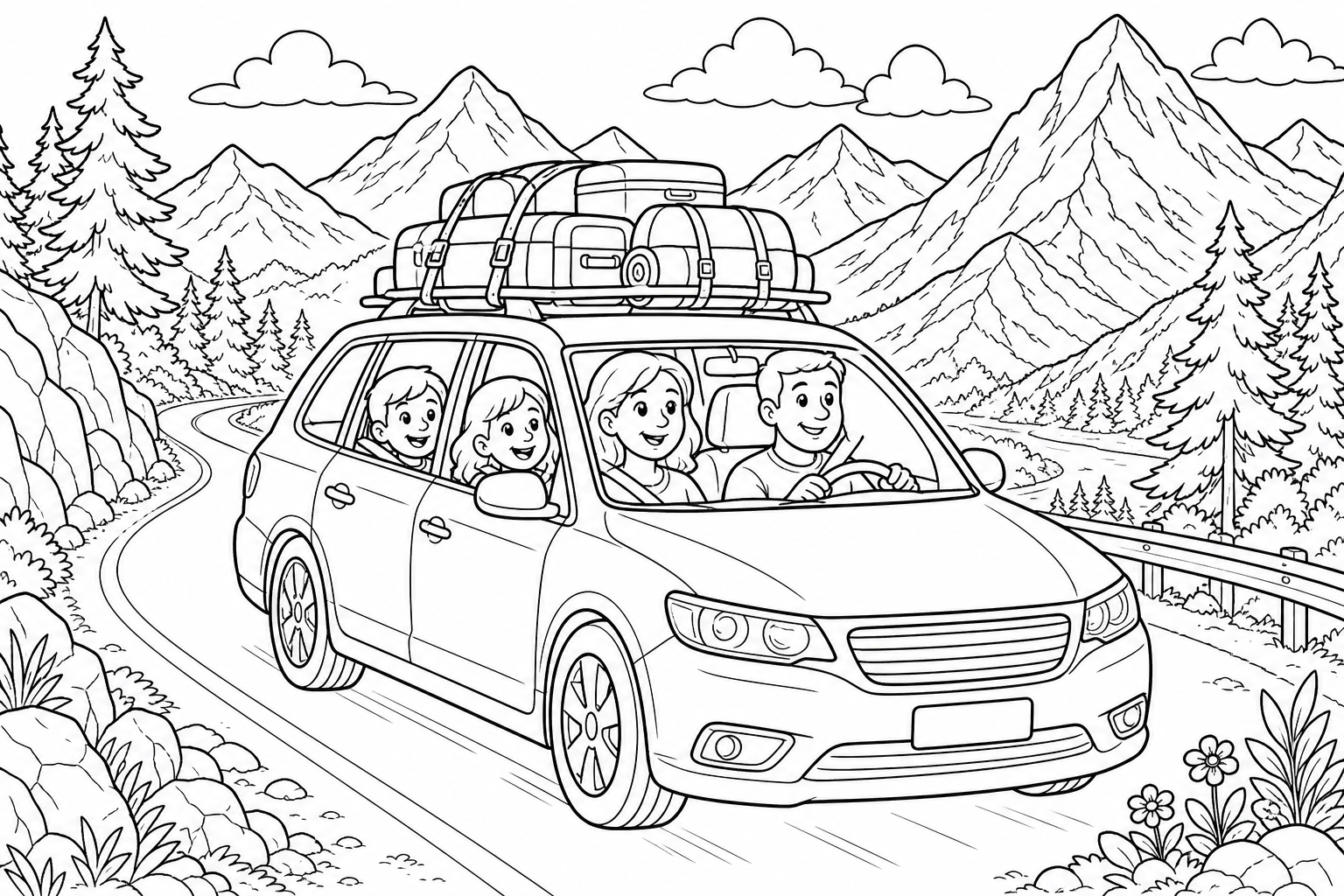 a family driving through mountains with luggage strapped to the roof of their car