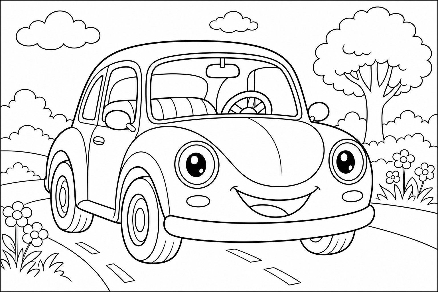 a smiling cartoon car with big round headlights and a steering wheel