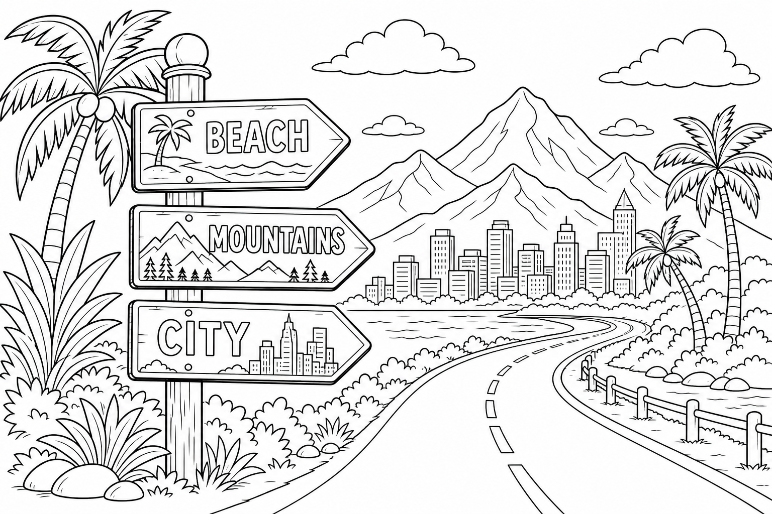 a tall road sign pointing to the beach, mountains, and a city, with palm trees nearby