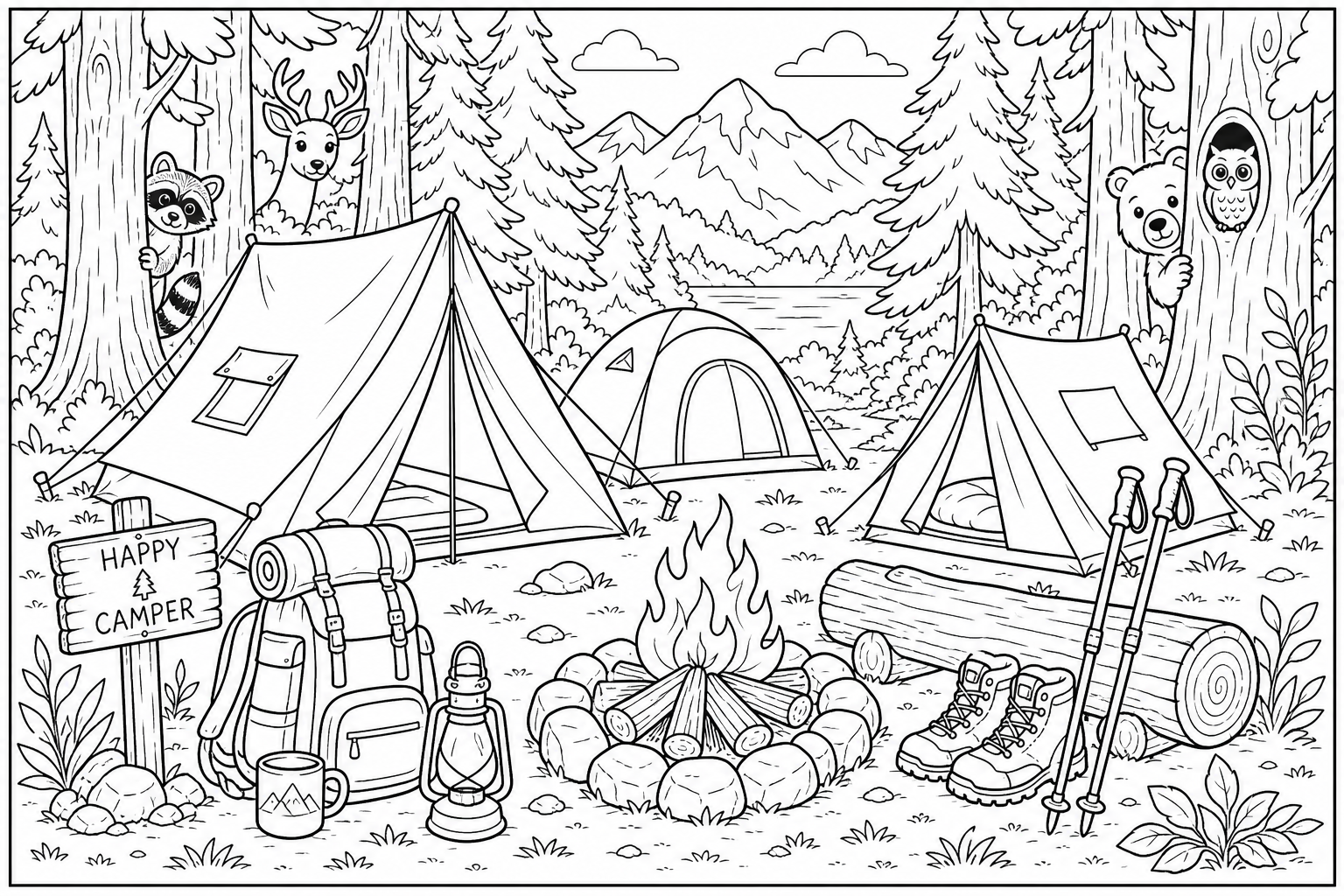 a cozy campground with several tents, a campfire, hiking gear, and woodland animals peeking from the trees
