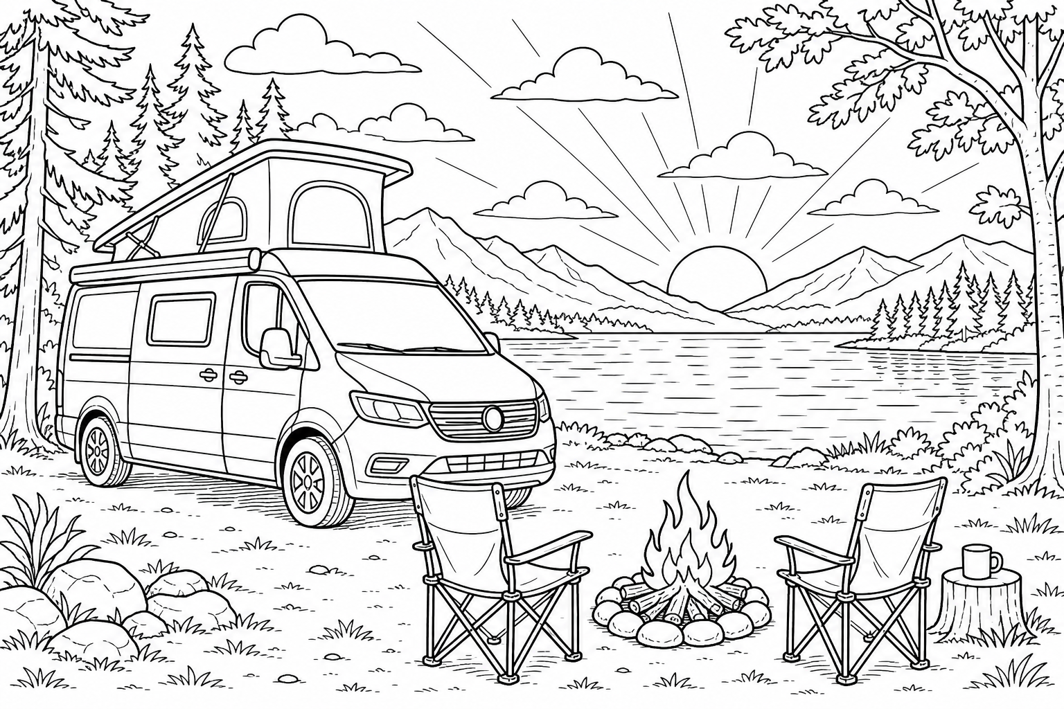 a campervan parked beside a lake at sunset with deck chairs and a small campfire