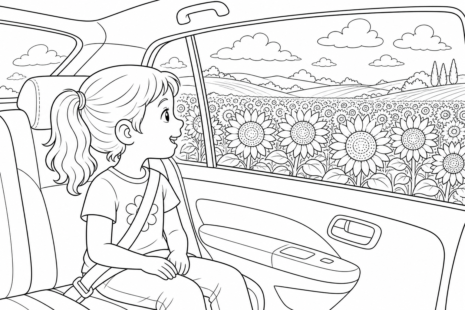 a child in the backseat of a car looking out the window at fields of sunflowers