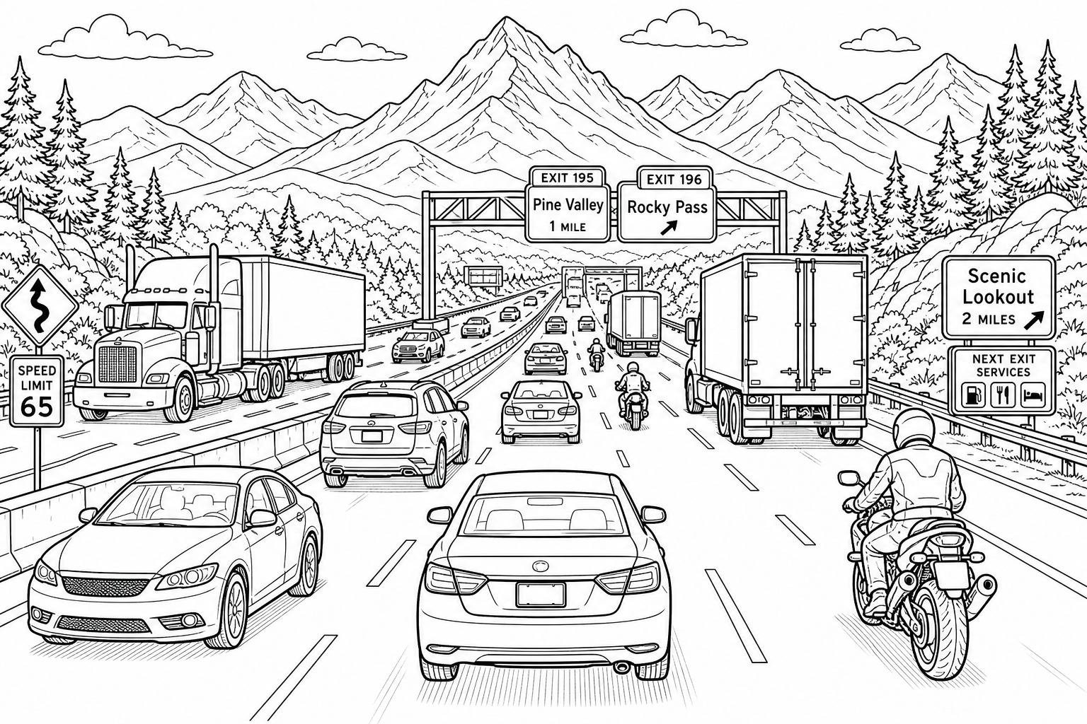 a busy highway scene with cars, trucks, motorcycles, road signs, and mountains on the horizon
