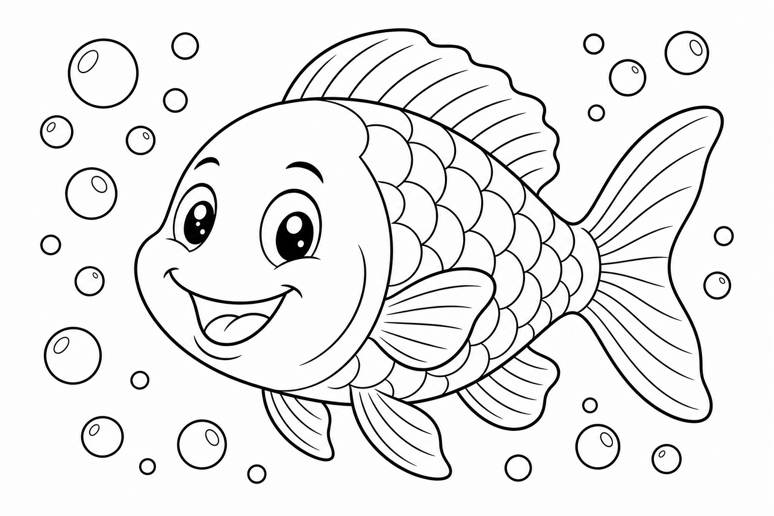 a smiling cartoon fish swimming with bubbles around it