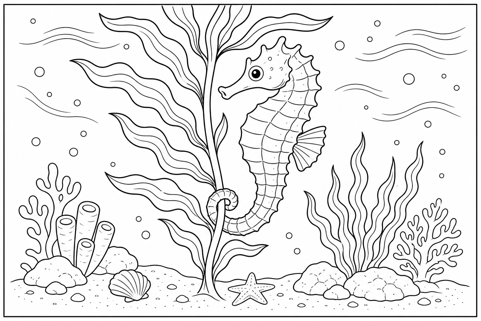 a seahorse holding onto a tall piece of kelp swaying in the current