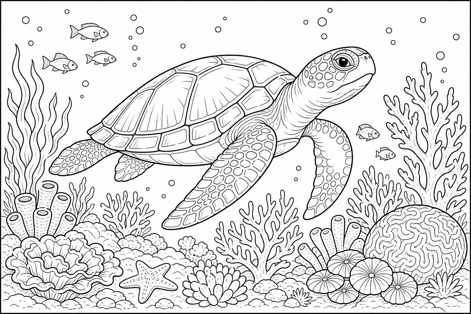 a sea turtle gliding slowly through the water near coral