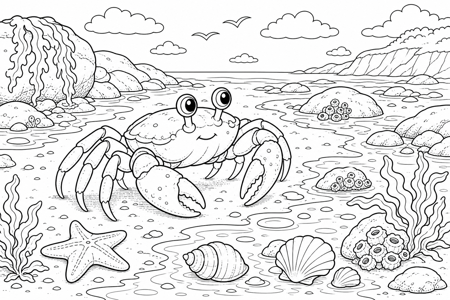 a curious crab walking along the shore at low tide