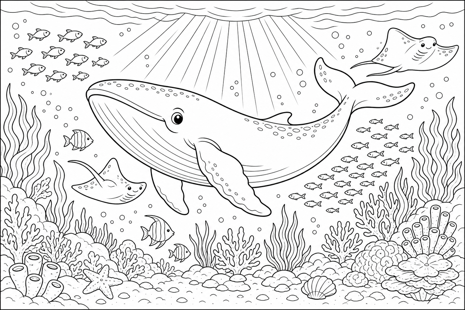 a deep sea scene with a friendly whale, schools of small fish, and rays of sunlight from above