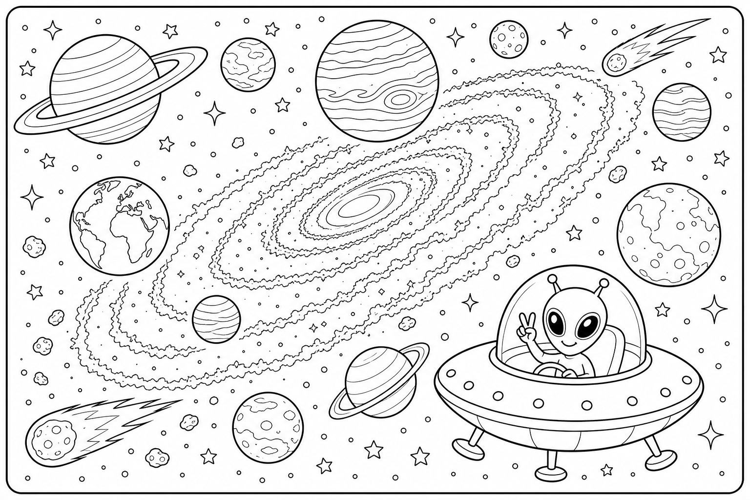 A space with the Milky Way and all planets and a UFO and in the UFO is an alien.