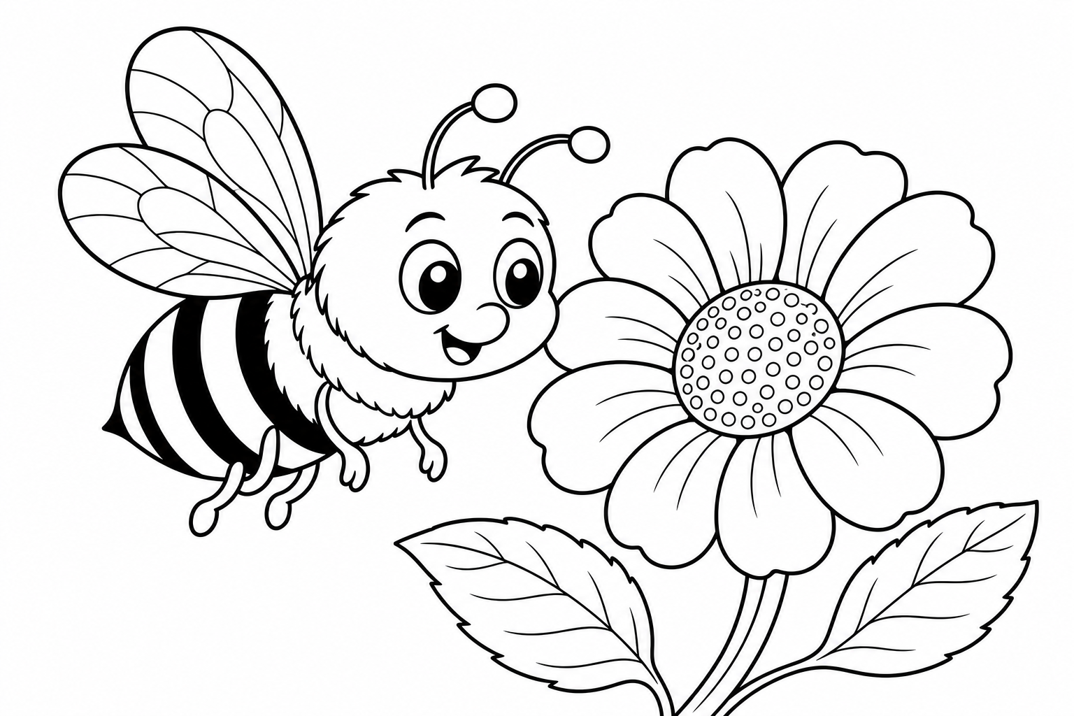 a friendly bumblebee with simple wings hovering by one flower