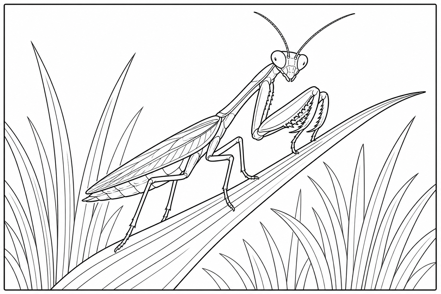 a praying mantis standing on a tall grass blade
