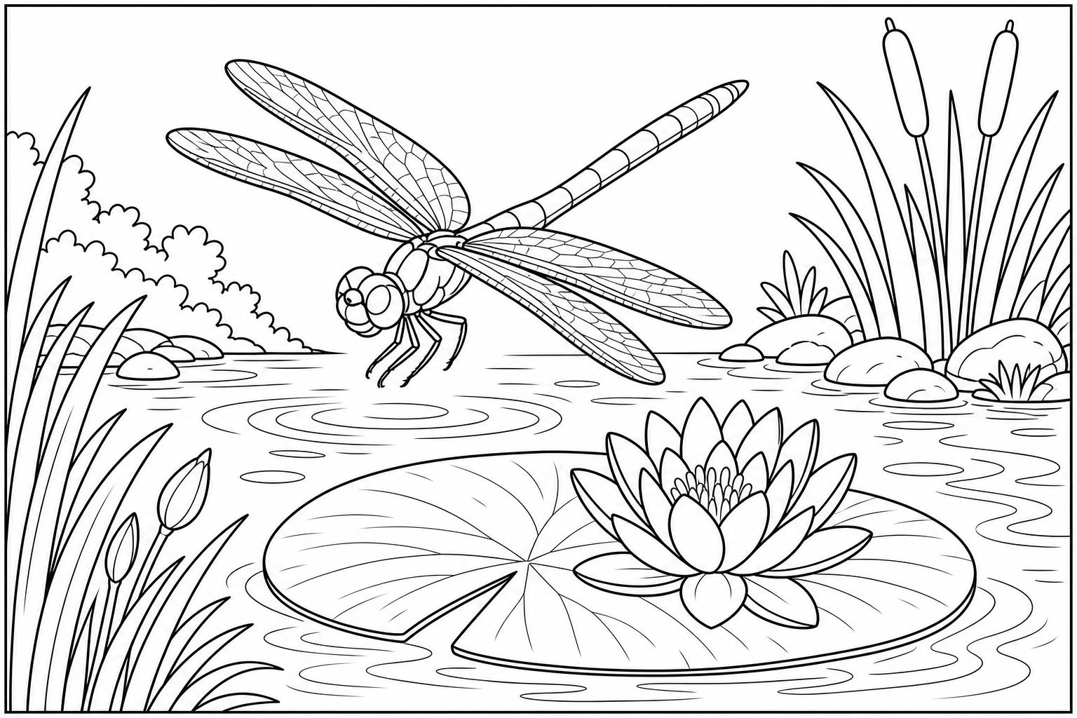 a dragonfly skimming above a small pond with a lily pad