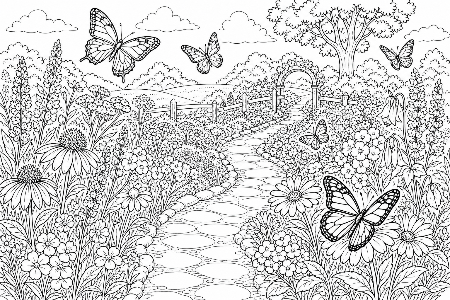 a butterfly meadow with multiple butterflies, wildflowers in bloom, and a winding garden path