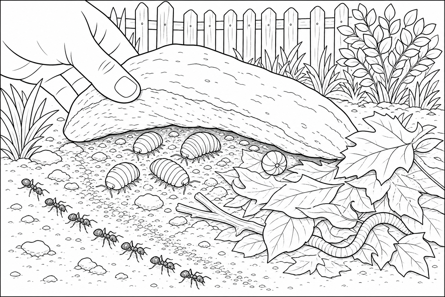 a backyard rock-flip revealing pill bugs, an ant trail, and a small worm under leaves
