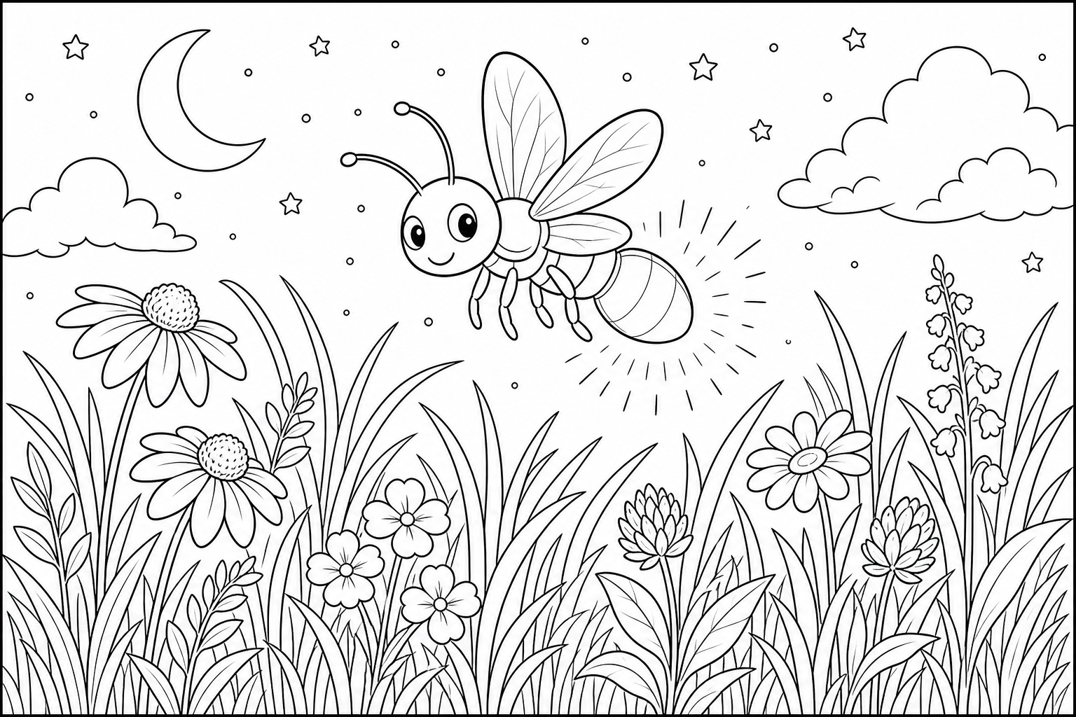 a firefly glowing softly above a meadow with blades of grass