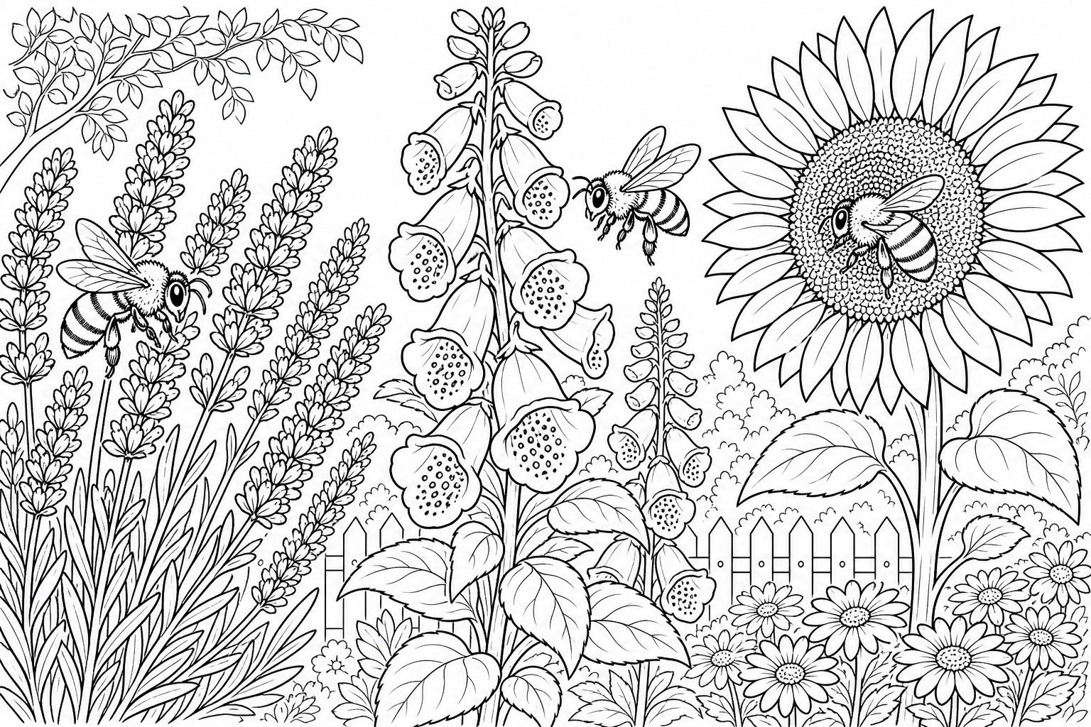 a busy garden scene with three bees visiting lavender, foxglove, and a sunflower