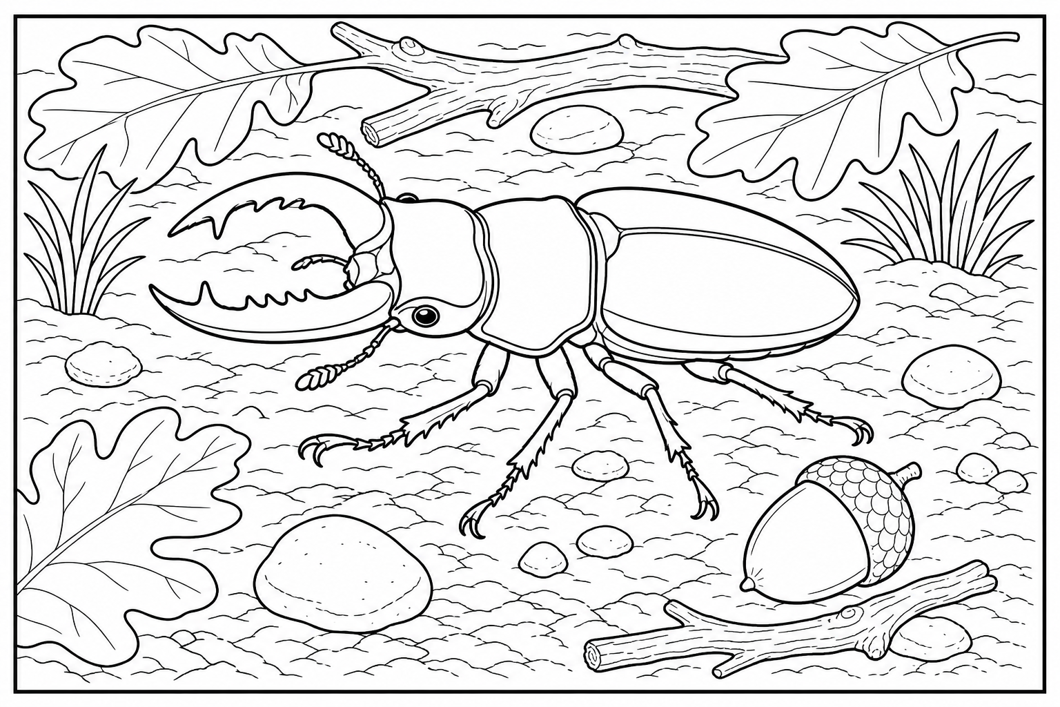 a stag beetle on a forest floor with one acorn and a few pebbles