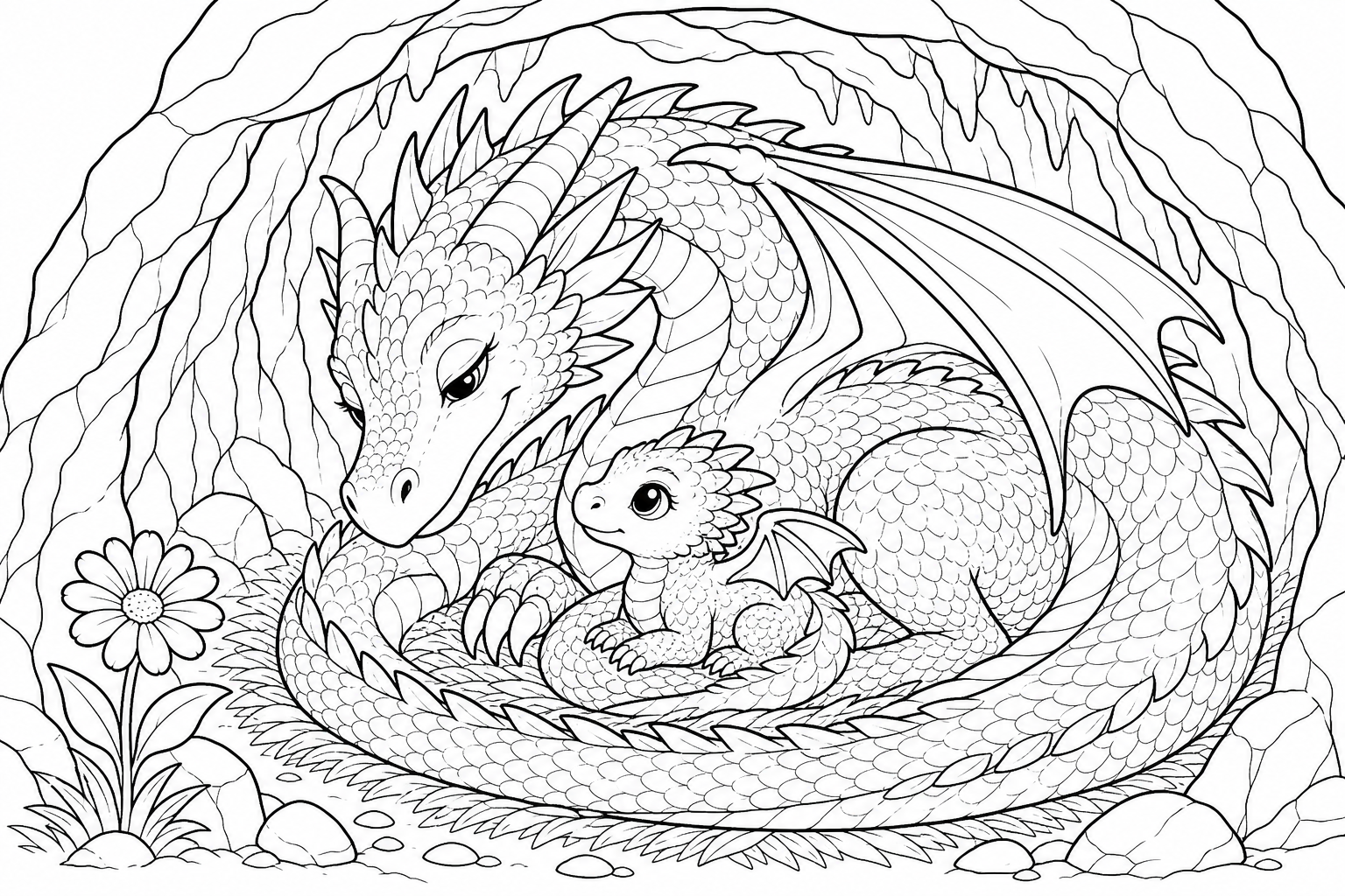 a large mother dragon curled around her tiny baby dragon inside a cozy cave with a single flower at the entrance