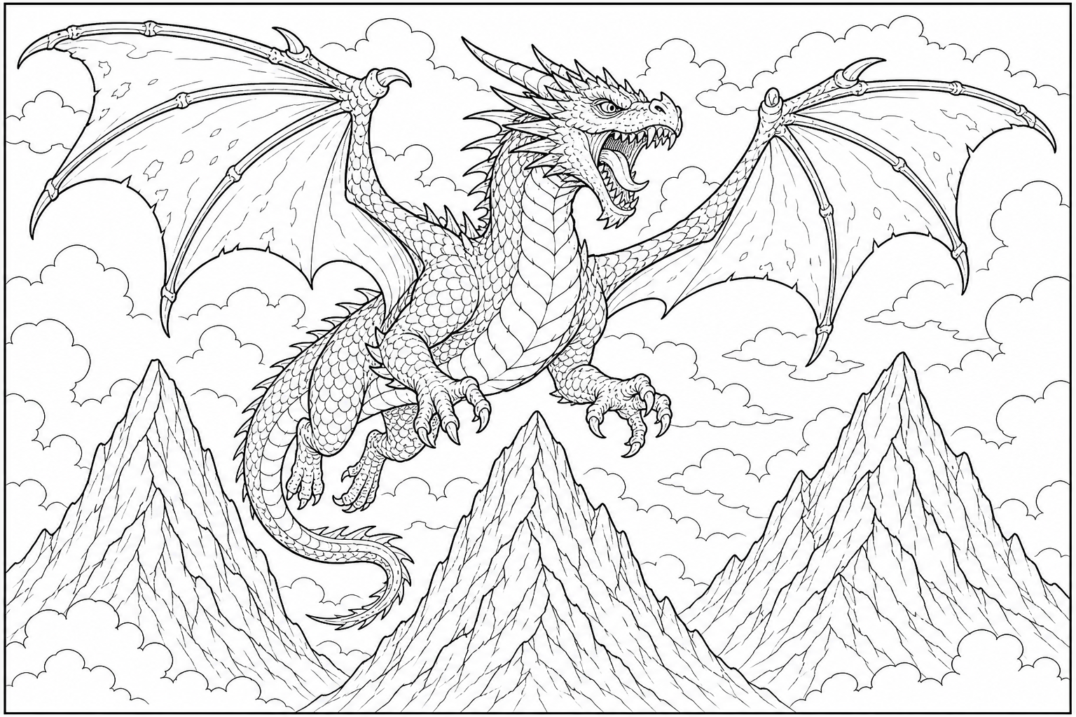 a roaring dragon mid-flight over three jagged mountain peaks, wings stretched wide