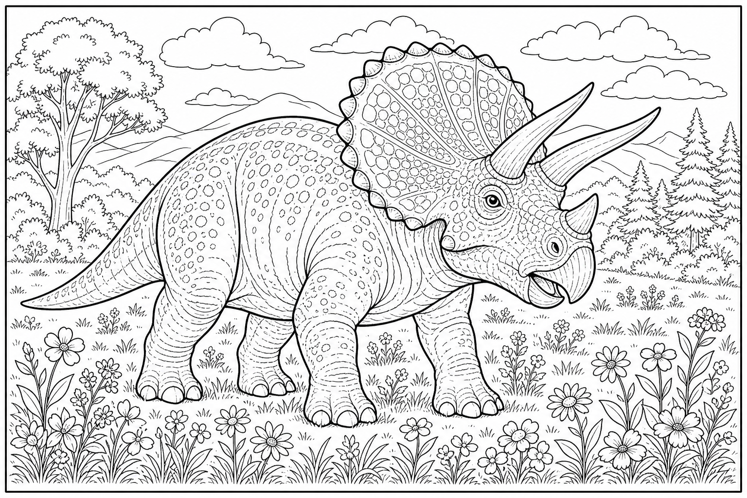 A triceratops with detailed frill and three horns, standing in a meadow with small flowering plants at its feet