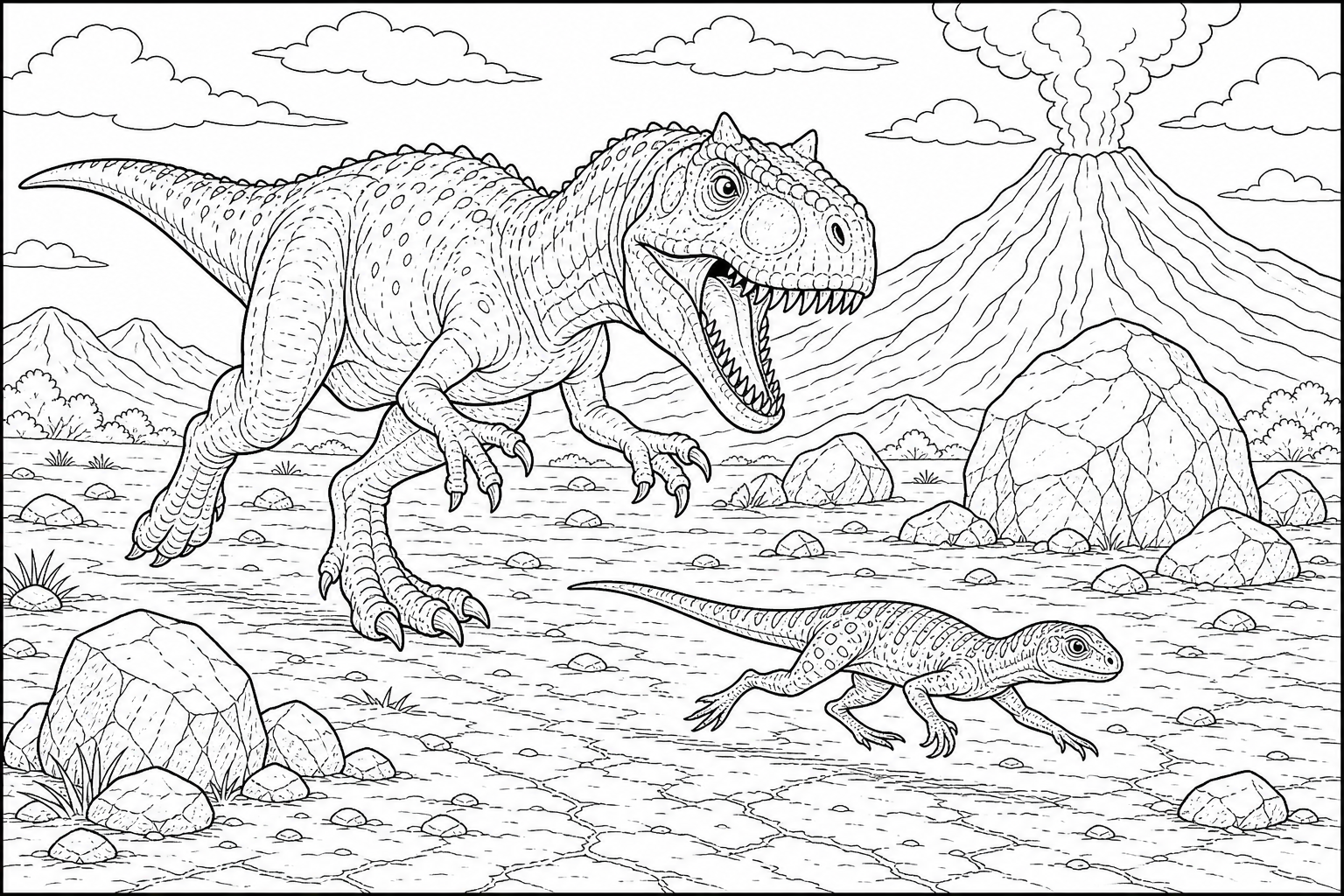 An allosaurus chasing a small reptile across a dry plain, scattered boulders and a distant volcano
