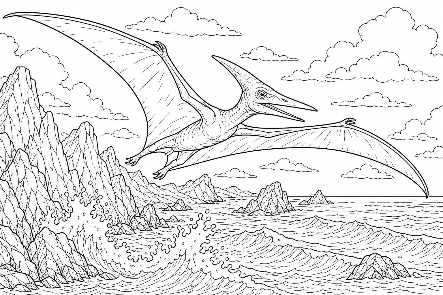 A pterodactyl with wings spread, gliding above a coastline of jagged rocks and breaking waves