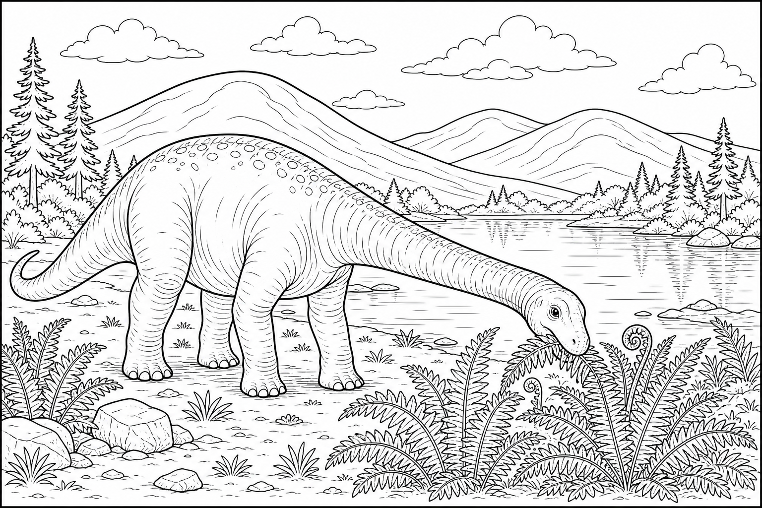 A diplodocus chewing low ferns next to a calm lake, with rolling hills in the distance