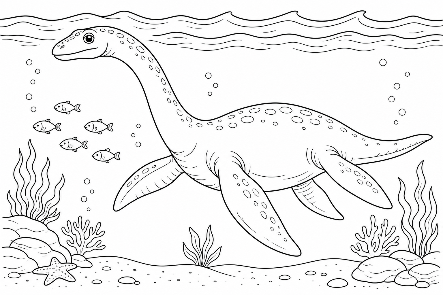 A long-necked plesiosaur swimming near the surface of the sea, with simple wave lines and a small school of fish nearby