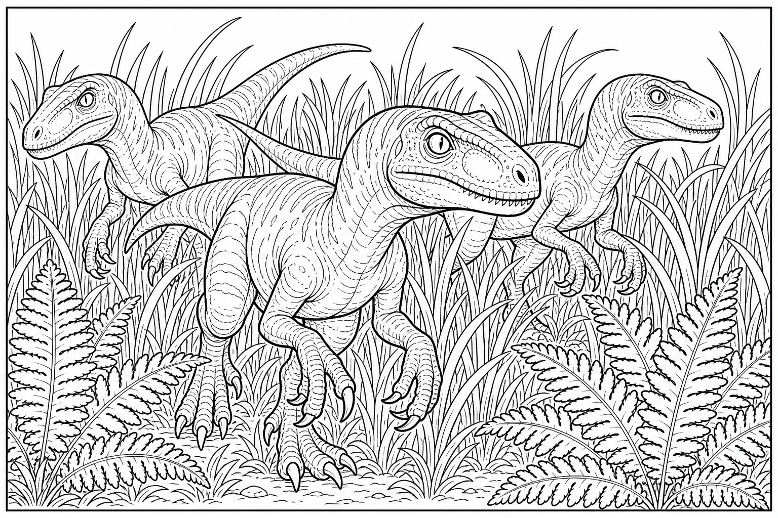 Velociraptors Coloring Page: Dinosaurs in Tall Grass