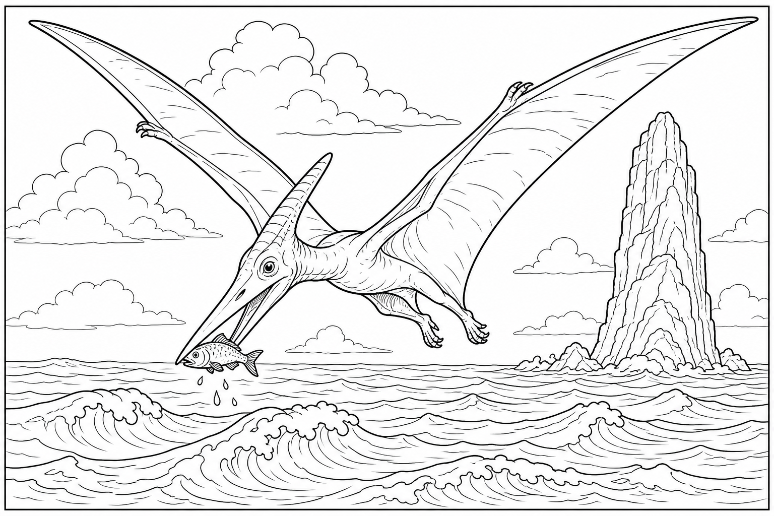 A pteranodon catching a small fish above ocean waves, with clouds and one tall sea stack in the background