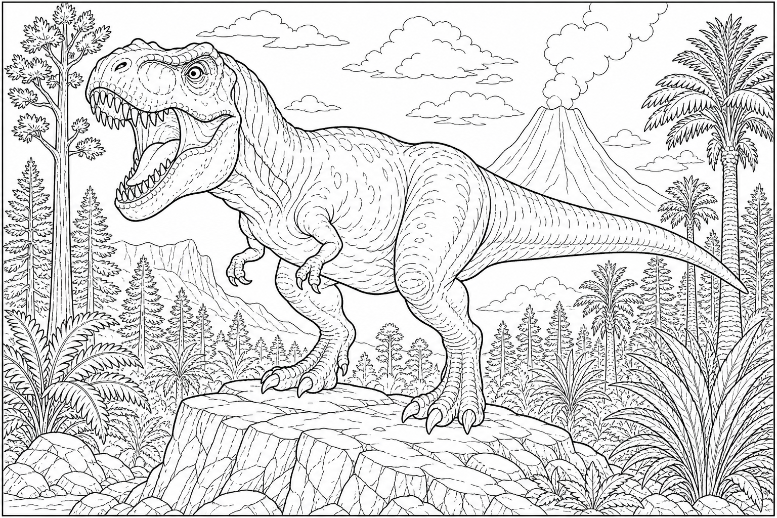 A fierce T. rex standing on a rocky outcrop with mouth open and tail extended, prehistoric forest in the background
