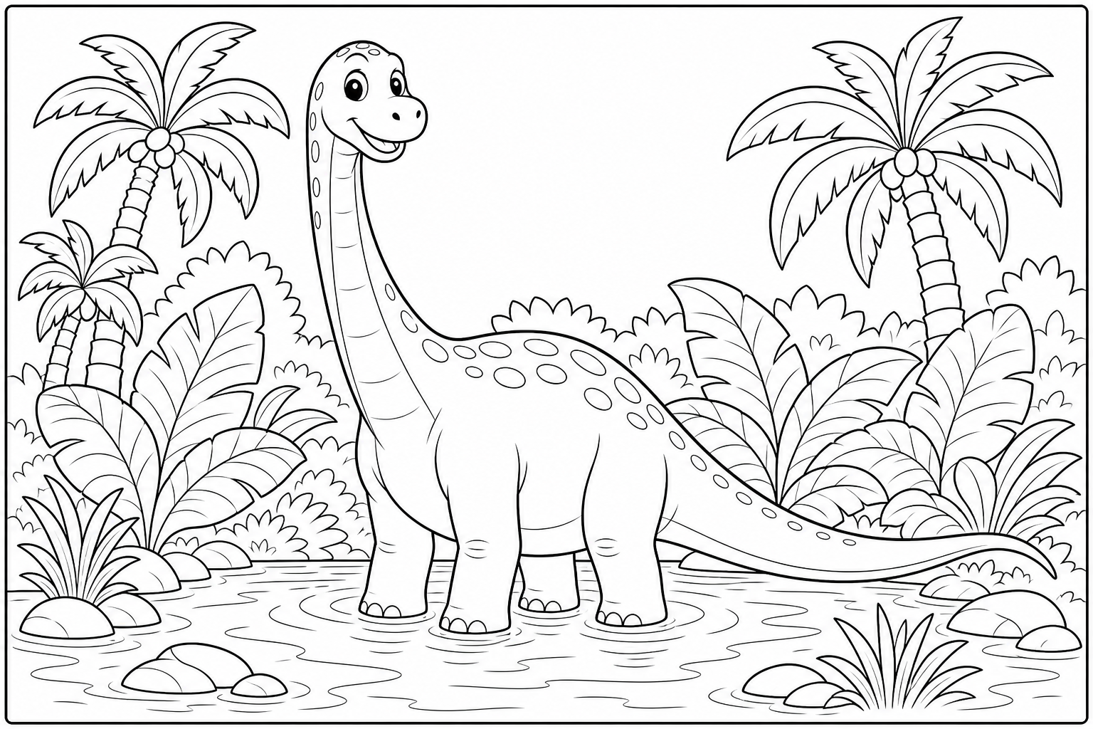 A friendly long-necked brachiosaurus standing in a shallow pond, with palm trees and large rounded leaves in the background