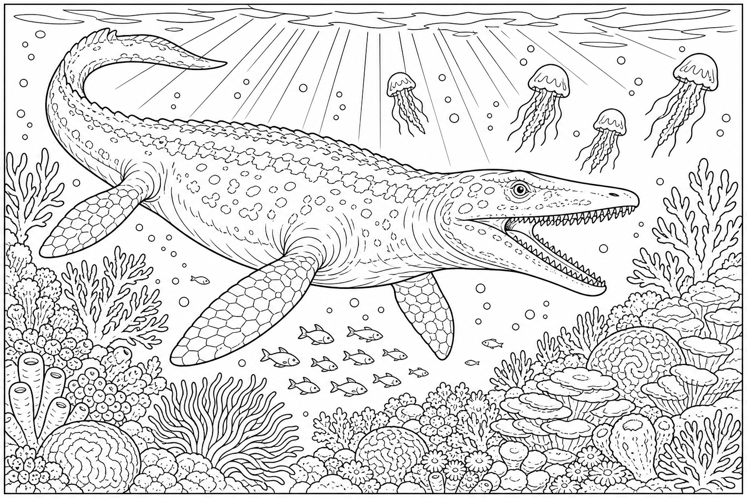 A mosasaur with paddle-shaped flippers diving past a coral reef, with rays of sunlight from above and small jellyfish floating in the water