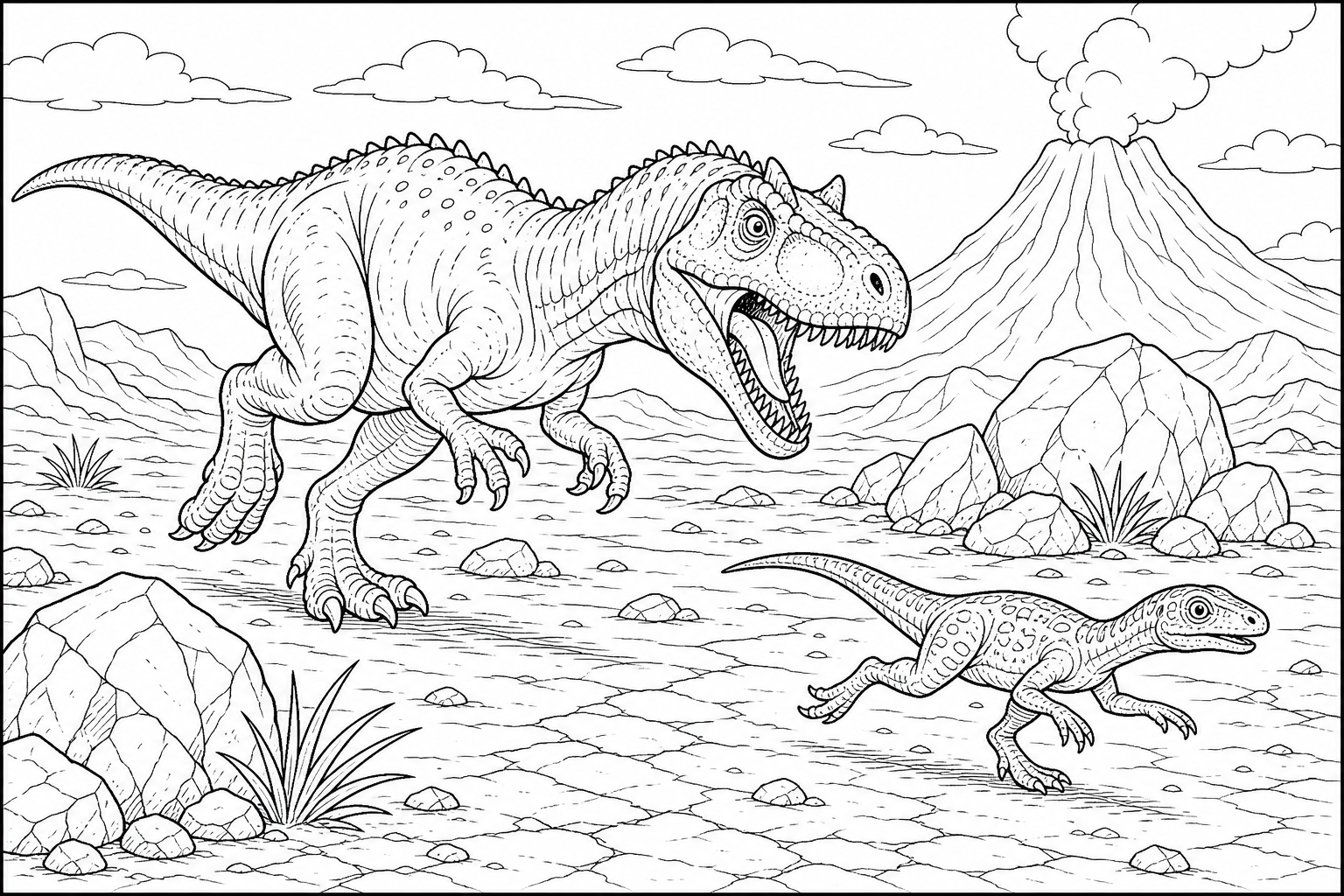 An allosaurus chasing a small reptile across a dry plain, scattered boulders and a distant volcano