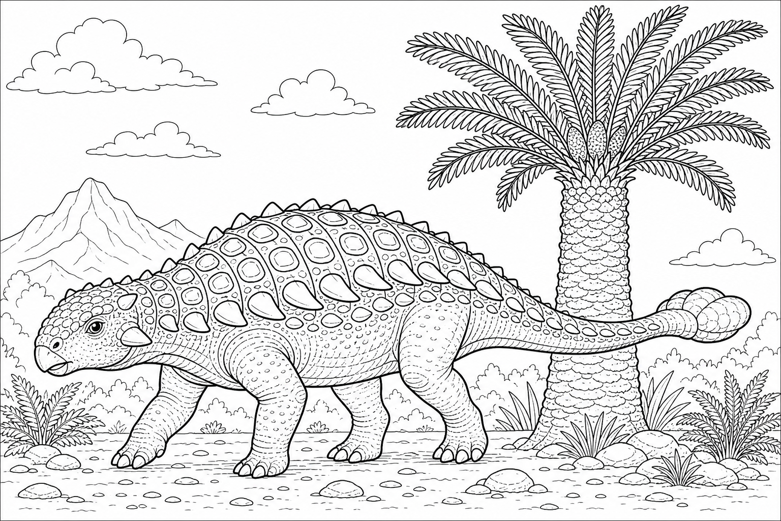 An ankylosaurus with a club tail and patterned armor along its back, walking past a tall cycad tree