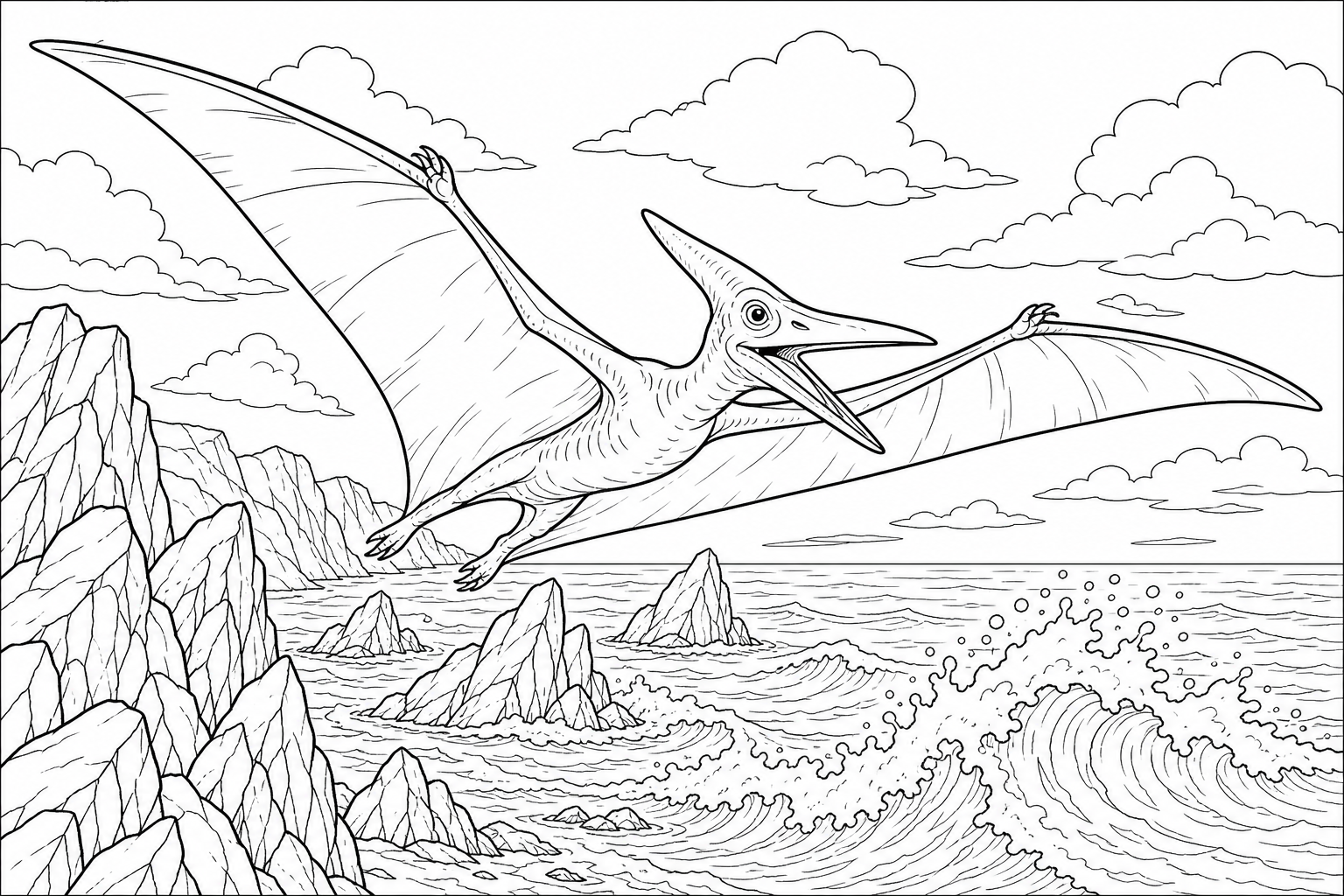 Pterodactyl Coloring Page: Prehistoric Gliding Over Rocks