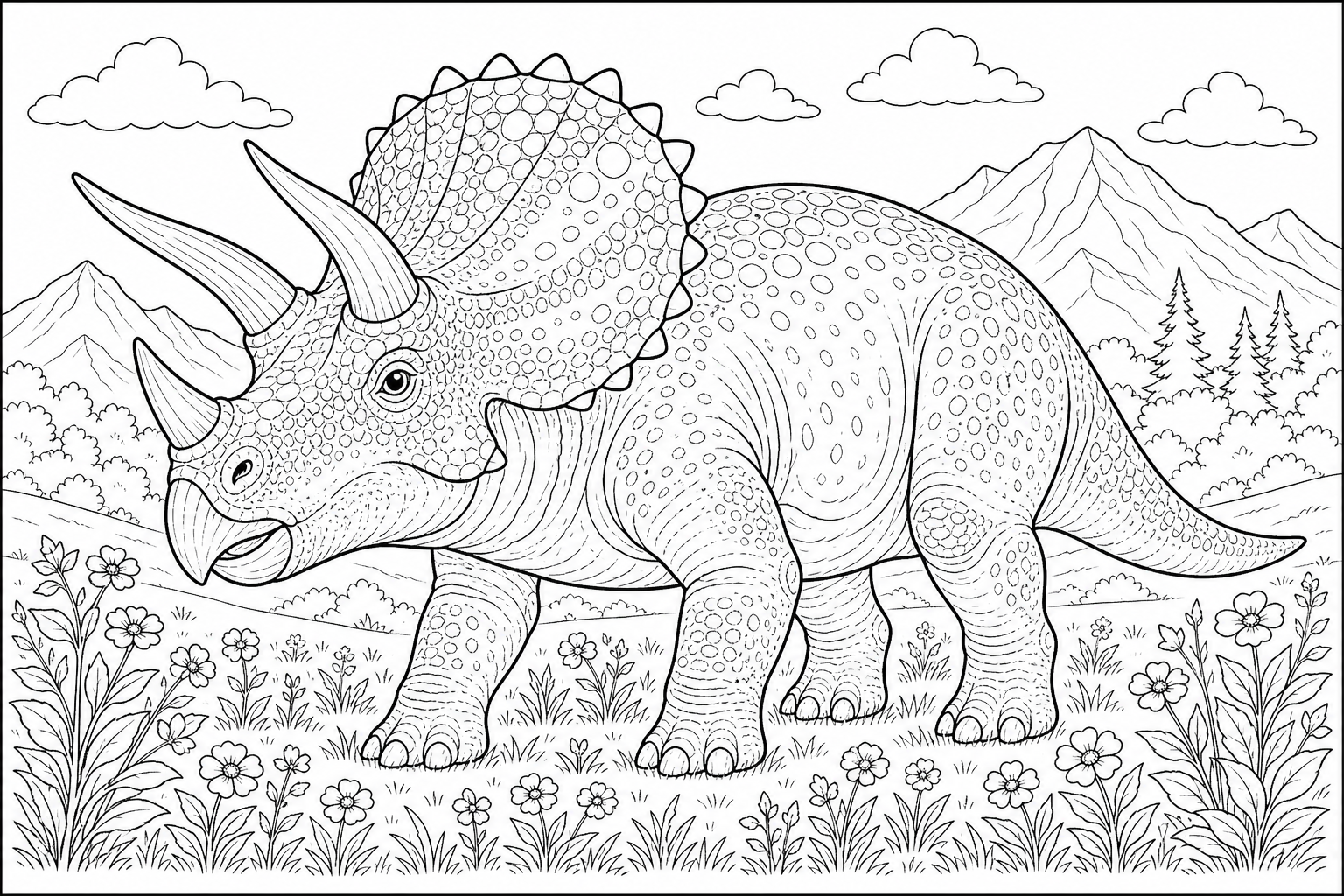 A triceratops with detailed frill and three horns, standing in a meadow with small flowering plants at its feet
