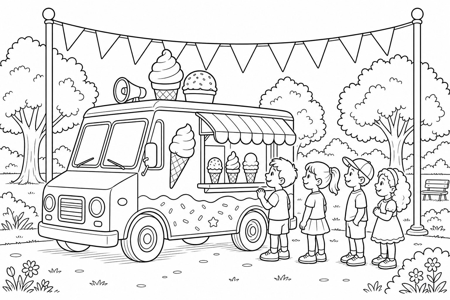 Página de Colorear de Camión de Helados | Divertida Escena de Parque para Niños