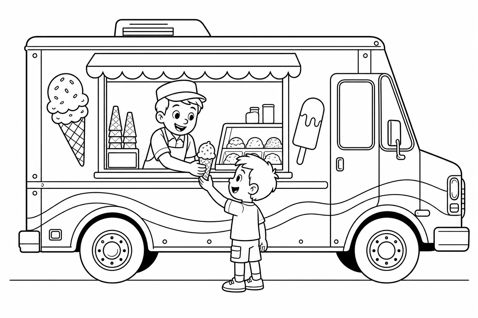 Página para Colorear: Camión de Helados Cuadrado & Niño Feliz - Mayo 2026