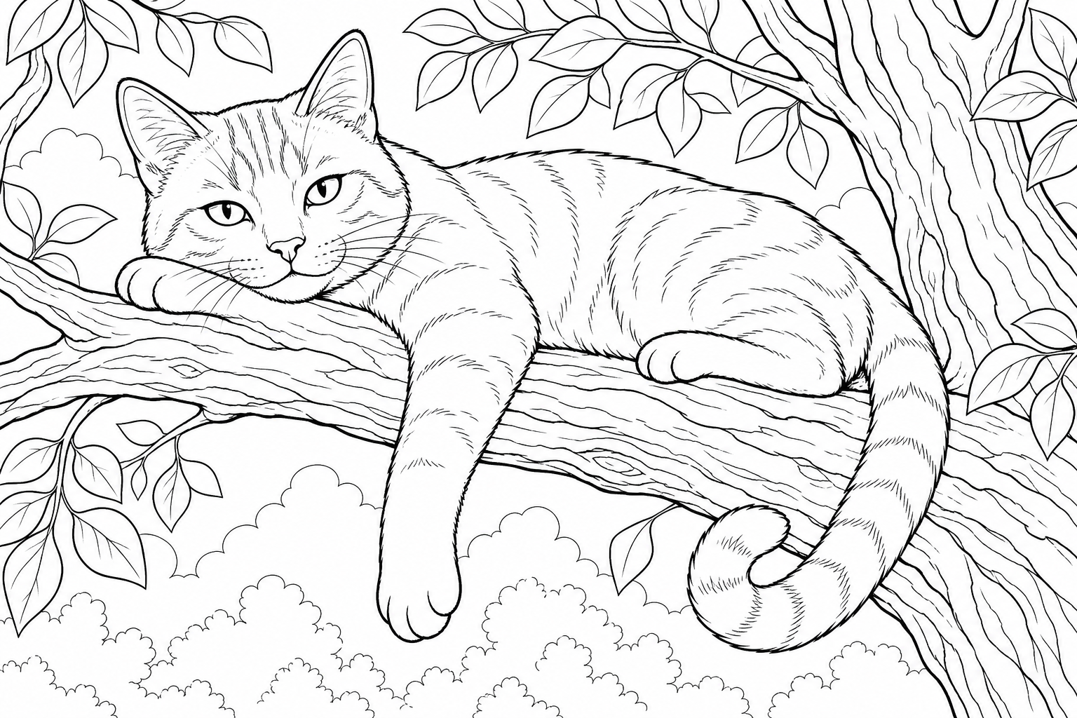 Relaxing Cat on Tree Branch Coloring Page - May 2026