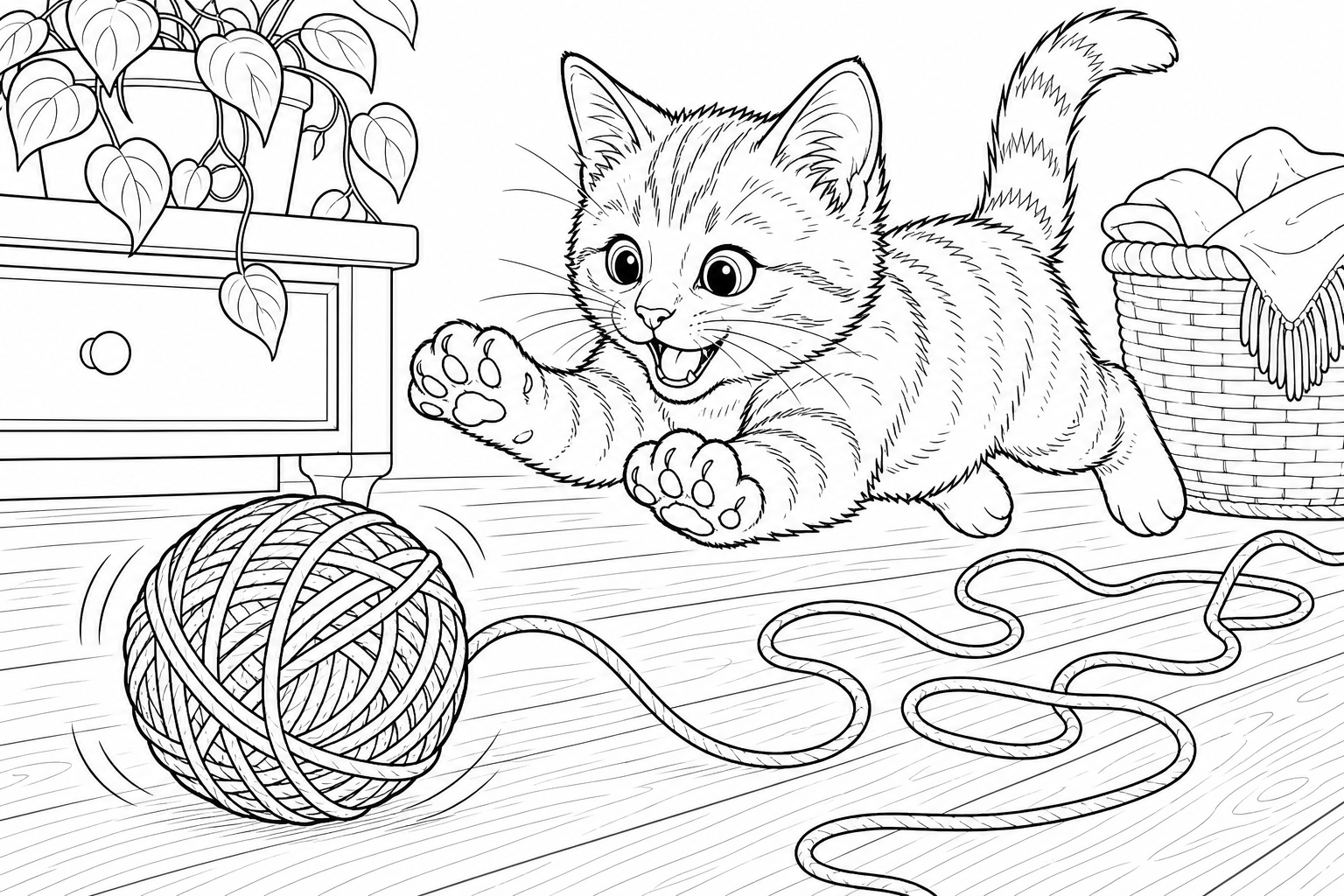 Playful Kitten Chasing Yarn Coloring Page