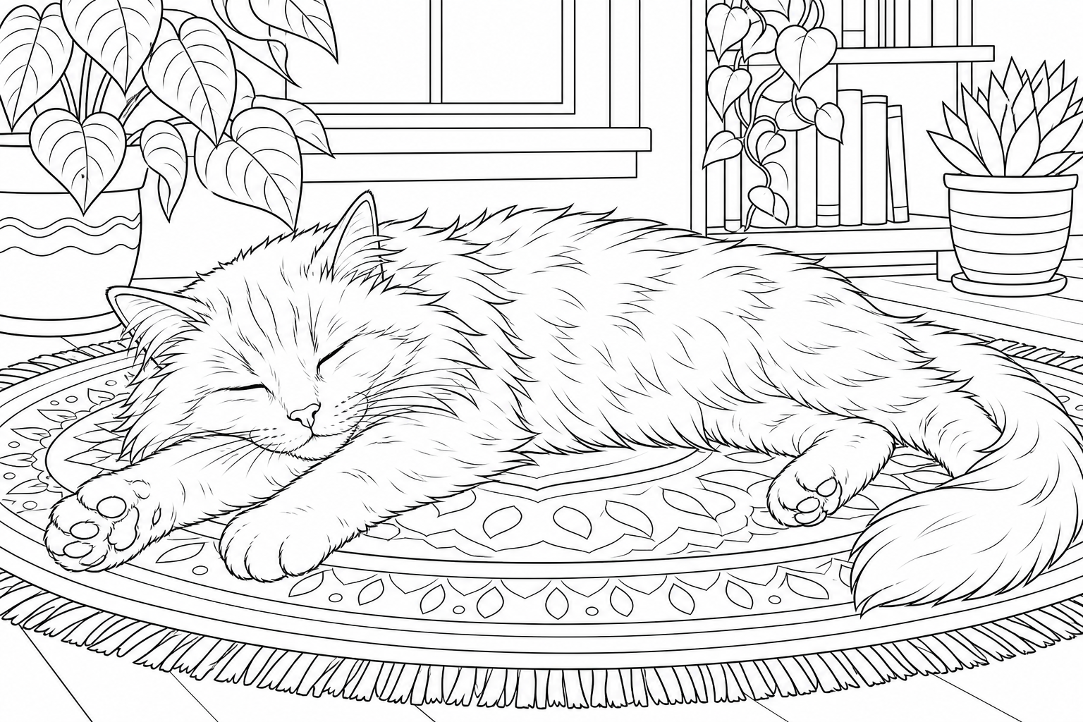 Sleeping Long-Haired Cat Coloring Page - Peaceful & Cute!