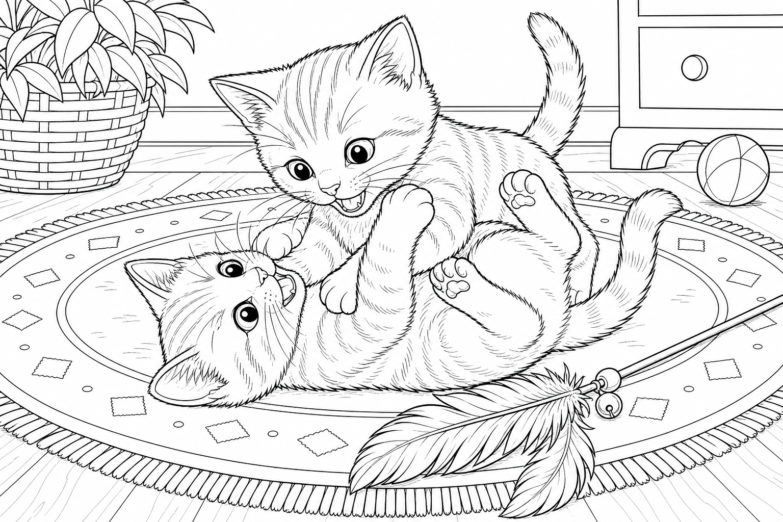 Coloring Page: Playful Kittens Wrestling on a Rug